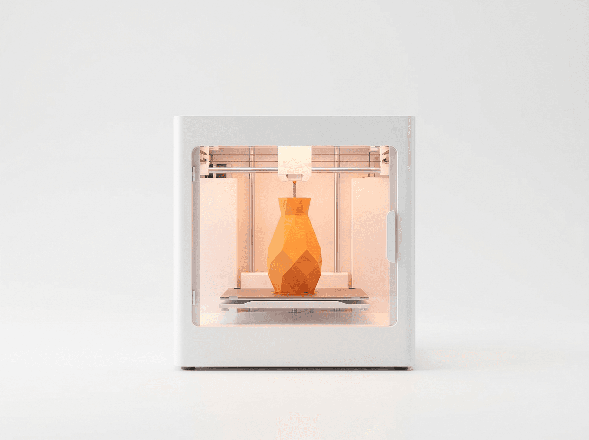 Drukarka 3D w trakcie druku pomarańczowego wazonu